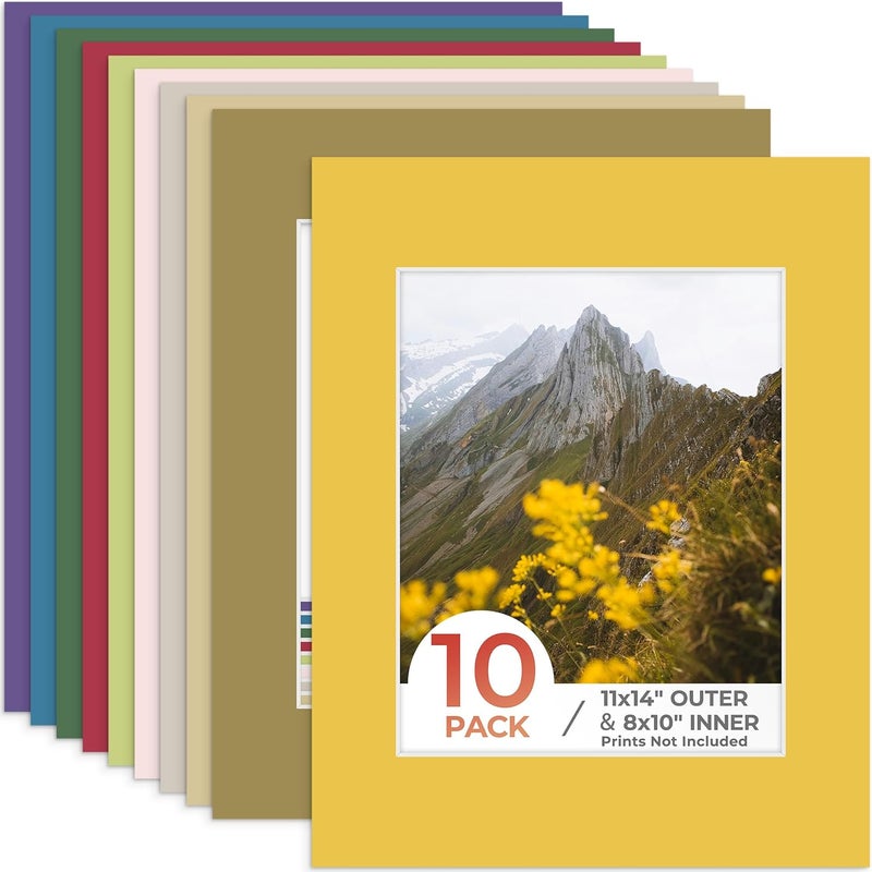 Frametory , 11x14 Mix Color Picture Mats for 8x10 Photos with White Core Bevel Edge Framing Mattes, Acid Free and 4-Ply Thickness - Pack of 10 - Image 1